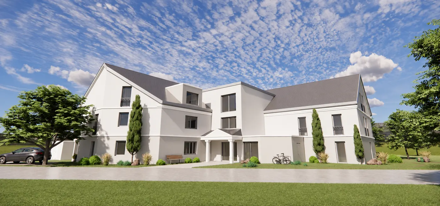 Visualisierung der Wohnanlage am springbach living: heller Baukörper mit Satteldächern, Säulenportal und Garten