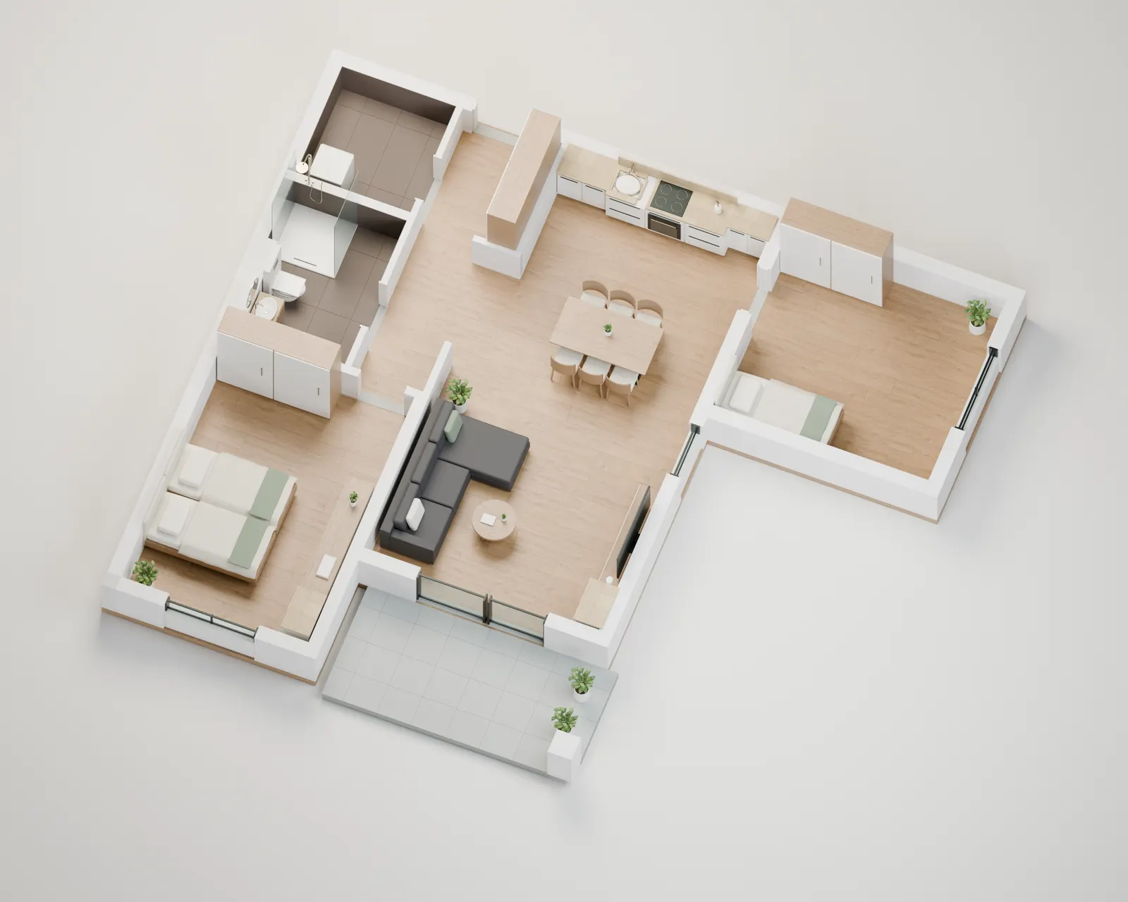 3D-Raumblick der Wohnung 3 mit Terrasse, Visualisierung nach Originalplan